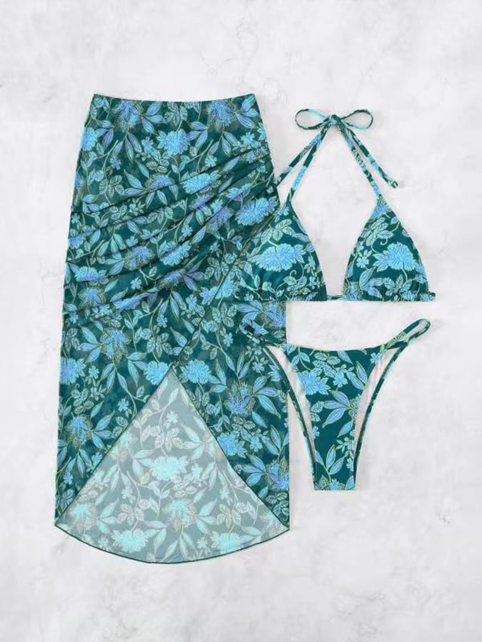 Women's Leaf Print European And American Sexy Three-piece Split Bikini