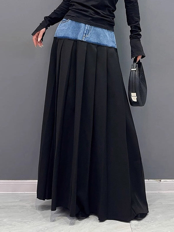 Contrast Color Pleated Split-Joint A-Line High Waisted Skirts Bottoms