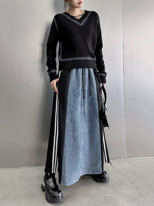 Contrast Color Drawstring Split-Joint Striped A-Line Loose Skirts Bottoms