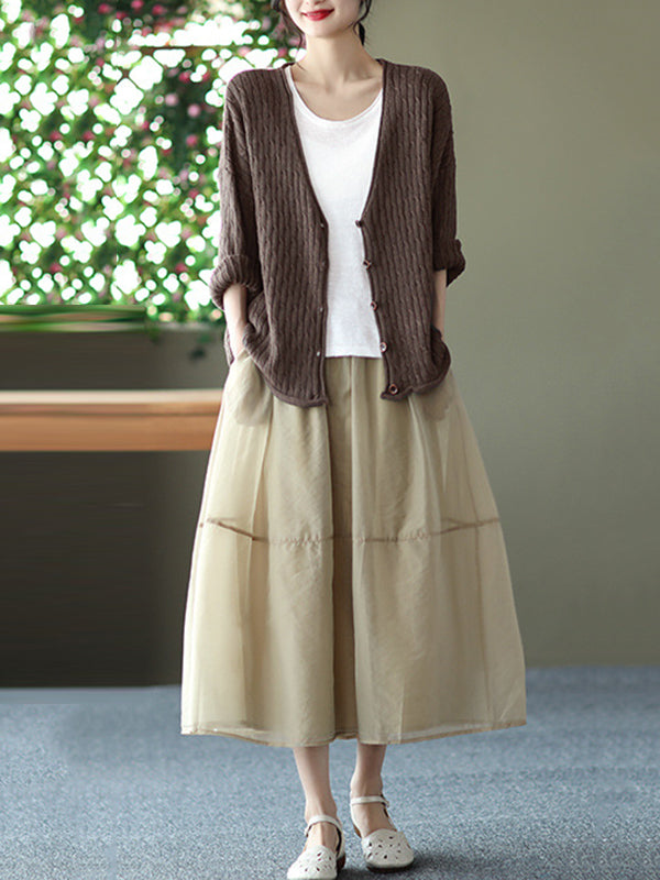 Simple Loose Solid Color Split-Joint Bubble Skirt