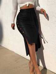 Buttoned Split-Side Tied Waist Bodycon High-Low Skirts Bottoms