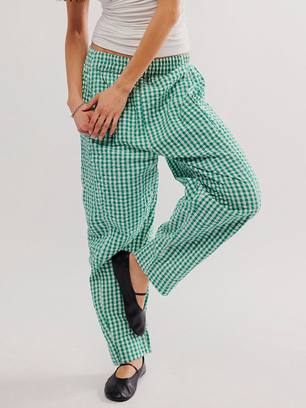 Plaid Pockets Split-Joint Loose Trousers Pants