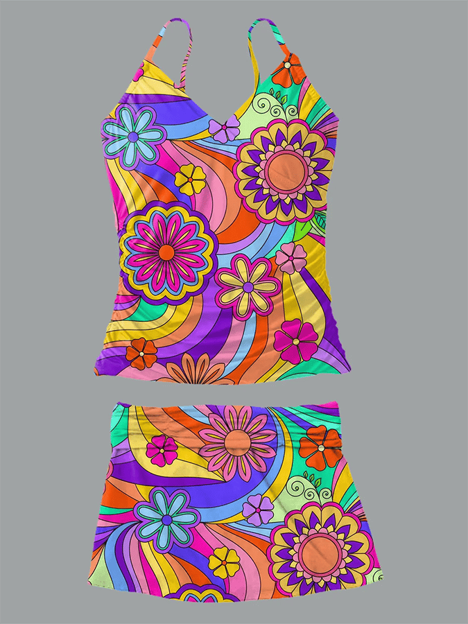 Women's V-Neck Retro Hippie Print Sundress Split Swimsuit Skirt Suit Swimsuit