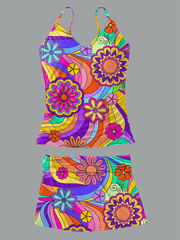 Women's V-Neck Retro Hippie Print Sundress Split Swimsuit Skirt Suit Swimsuit