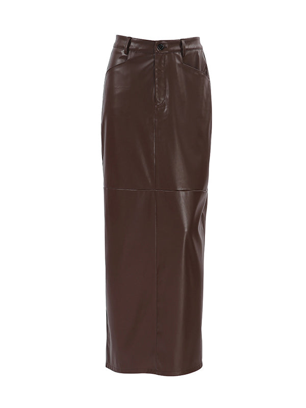 Buttoned Solid Color Split-back A-line High Waisted Skirts Bottoms