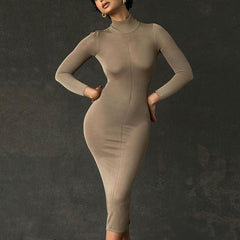 Ava Knitted Half-turtleneck Backless Dress - Khaki