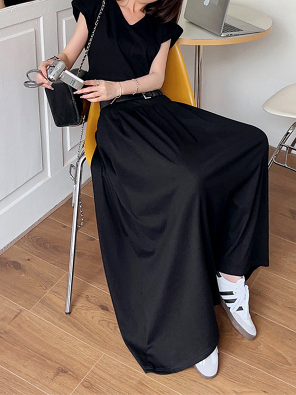 Belted Pleated Solid Color A-Line High Waisted Skirts Bottoms