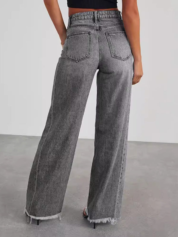Split-Joint Tasseled High Waisted Wide Leg Jean Pants Bottoms