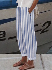 Casual Loose Cotton Trousers With Stripes And Button Detail
