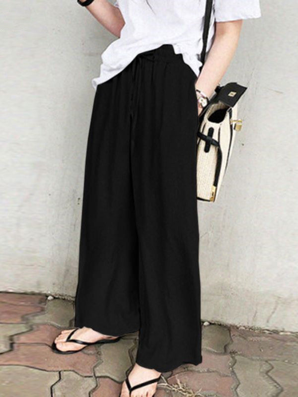 Drawstring Pockets Solid Color High Waisted Loose Trousers Pants