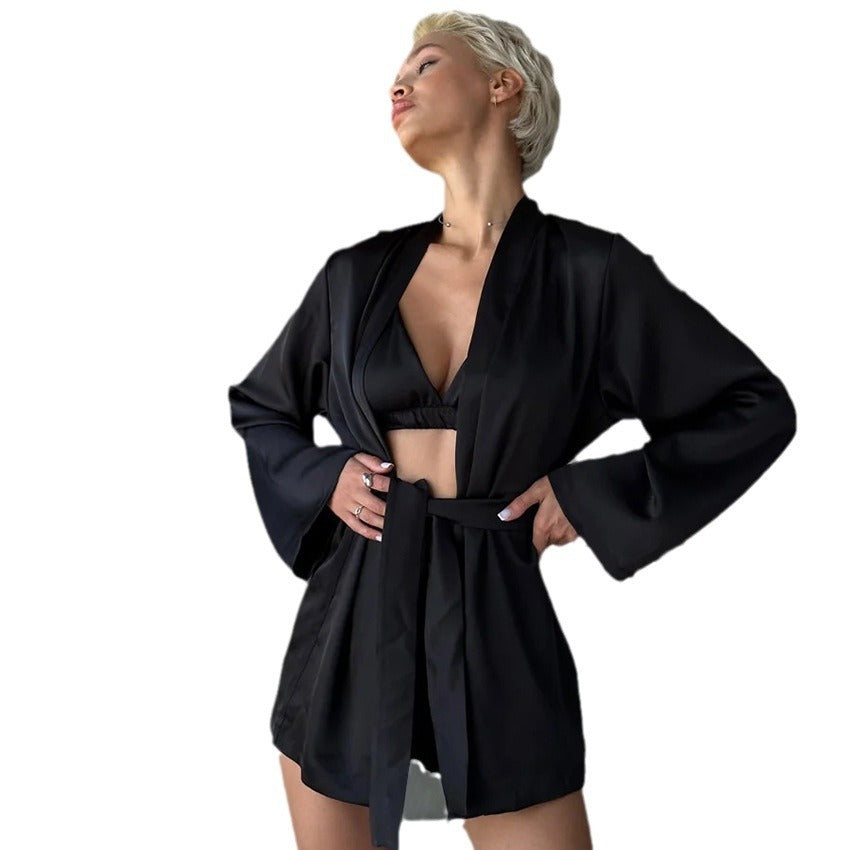 Women's Sling Cardigan Nightgown Shorts Pajamas Three-piece Home Wear