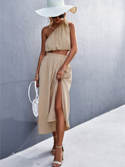 Zara Solid Color Tie Shoulder Slit Two Piece Dress