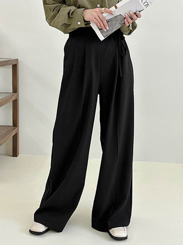 Lace-Up Pleated Solid Color Split-Joint High Waisted Loose Trousers Suit Pants