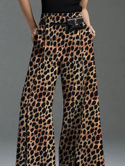 Leopard Split-Front Loose Wide Leg Trousers Casual Pants Bottoms