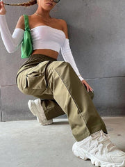 Elasticity Pockets Split-Joint High Waisted Loose Trousers Pants