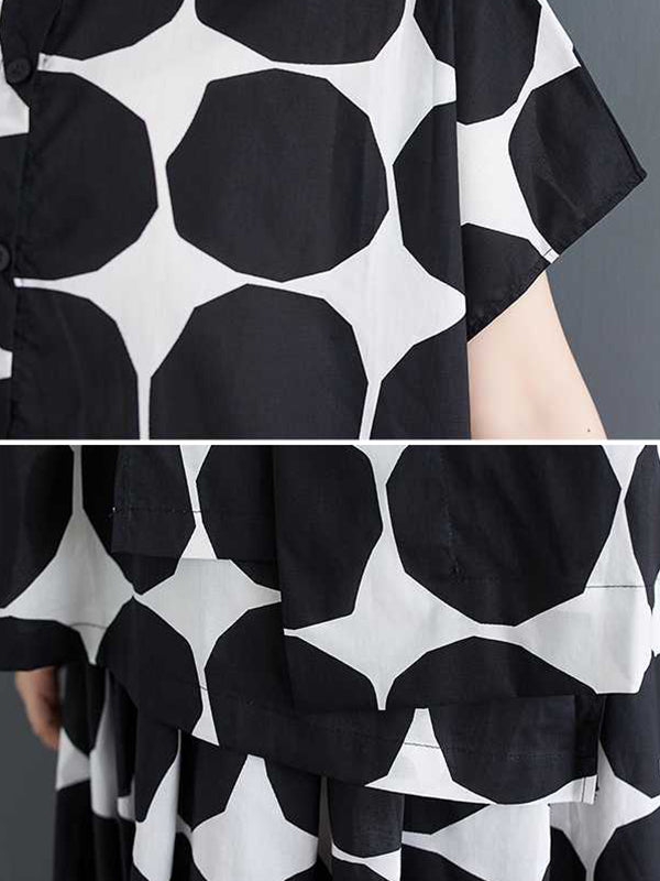Buttoned Polka-Dot Loose Short Sleeves Lapel Blouse Tops Skirts Bottoms Two Pieces Set