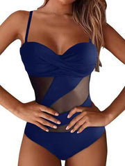 Solid Sexy Mesh Panel Cutout One Piece Bikini