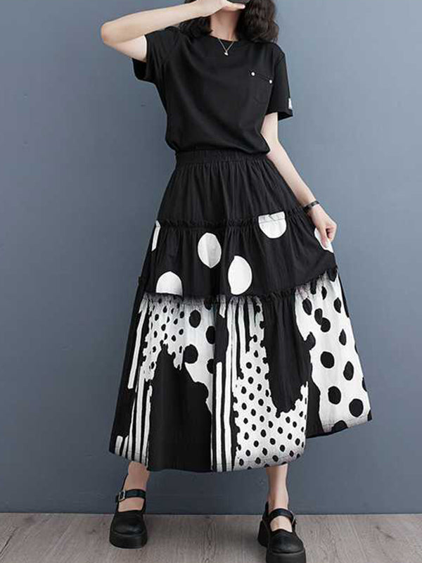 Elasticity Pleated Pockets Polka Dot Printed Ruffled Split-Joint Loose Skirts Bottoms