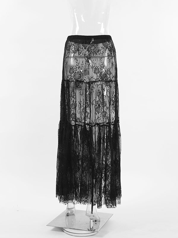 Elasticity Hollow Jacquard Mesh See-Through Split-Joint A-Line High Waisted Skirts Bottoms