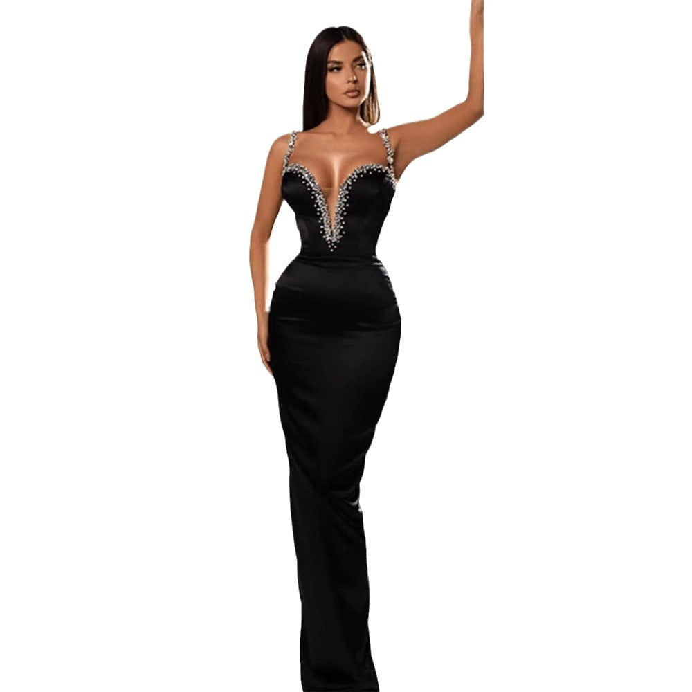 European And American Women's Clothing Sexy Heavy Industry Rhinestone Deep V-neck Mesh Camisole Dress