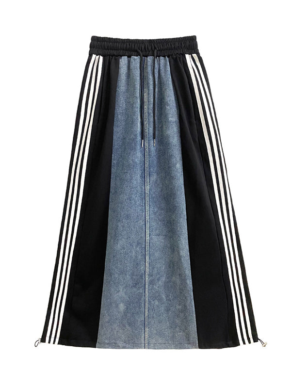 Contrast Color Drawstring Split-Joint Striped A-Line Loose Skirts Bottoms