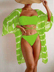 Colorful beach wavy mesh three-piece bikini swimsuit