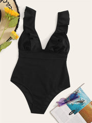 Ruffled Solid Color Sexy One-Piece Swimsuit