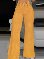 Elasticity Hollow Pleated Solid Color Loose Wide Leg Trousers Pants