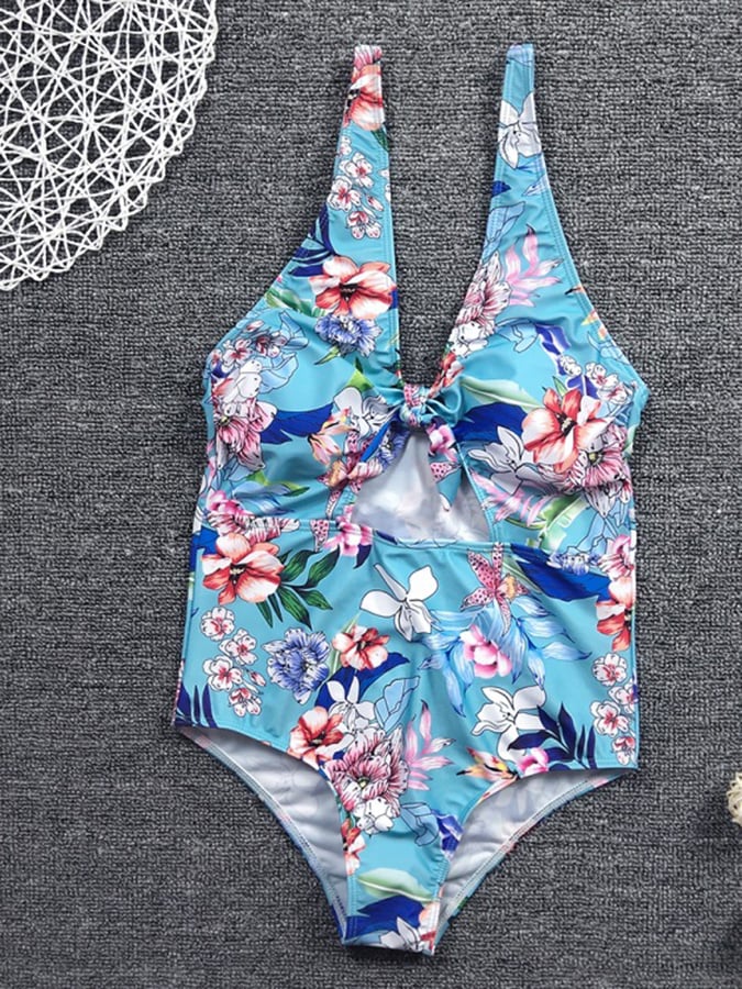 European And American Style Print Knotted Sexy One-Piece Swimsuit
