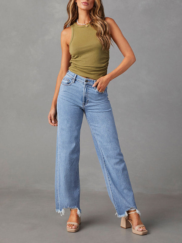 Fringed Split-Joint High Waisted Straight Leg Jean Pants Bottoms