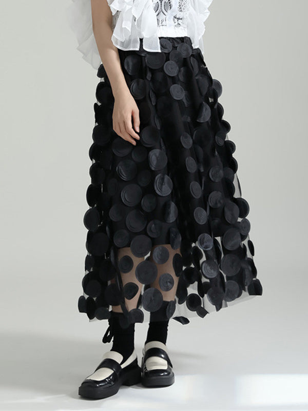 Mesh Polka-Dot Solid Color Split-Joint A-Line High Waisted Skirts Bottoms