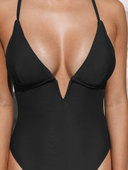 Deep V -neck Pure Color Hollow Cross -back Bikini Swimsuit