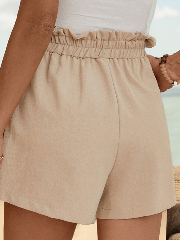 Drawstring Elasticity Pleated Pockets Ruffle Trim Solid Color Loose Shorts Bottoms