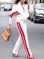 Loose Straight Leg Contrast Color Split-Joint Striped Pants Trousers