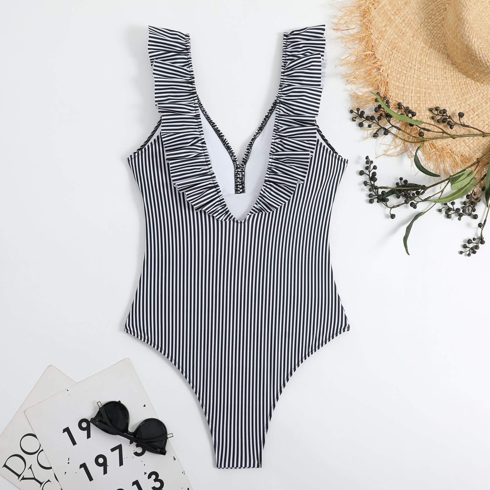 Elegant ruffles stripe one pieces swimwear