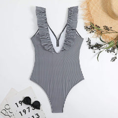 Elegant ruffles stripe one pieces swimwear