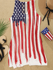 Women's American Flag Hollow Out Slit Crochet Cover Up Dress