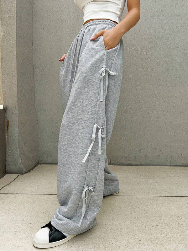 Drawstring Elasticity Solid Color Split-Joint High Waisted Loose Trousers Pants