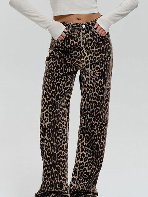 Buttoned Leopard Pockets Split-Joint Loose Trousers Pants