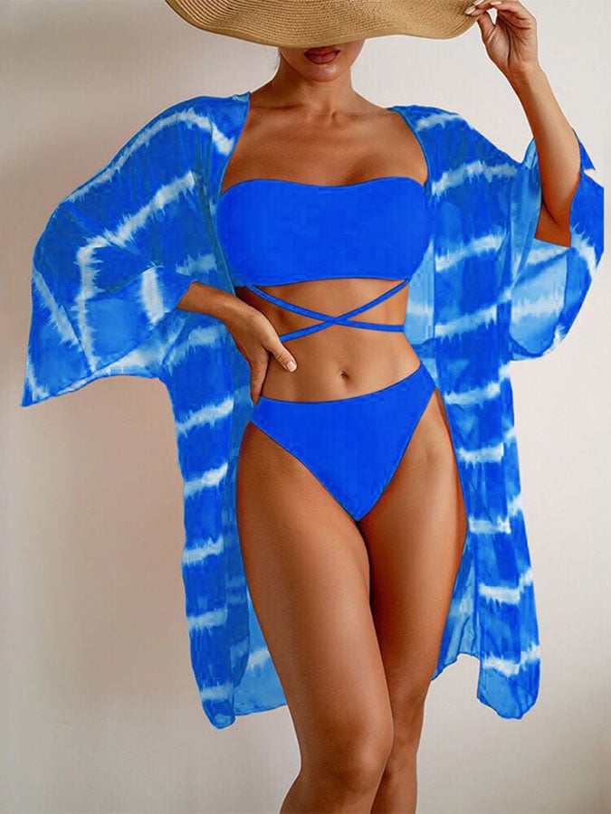 Colorful beach wavy mesh three-piece bikini swimsuit