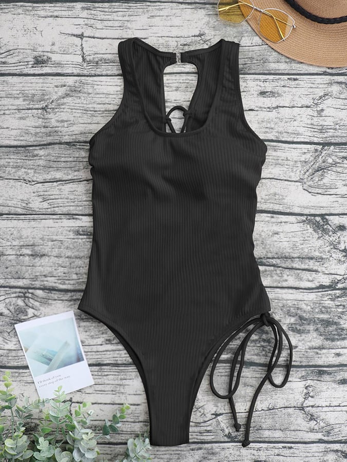 Solid Cut Out Strap One Piece Swimsuit