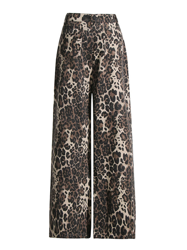 Leopard Printed Ripped Split-Joint High Waisted Loose Jean Pants Bottoms