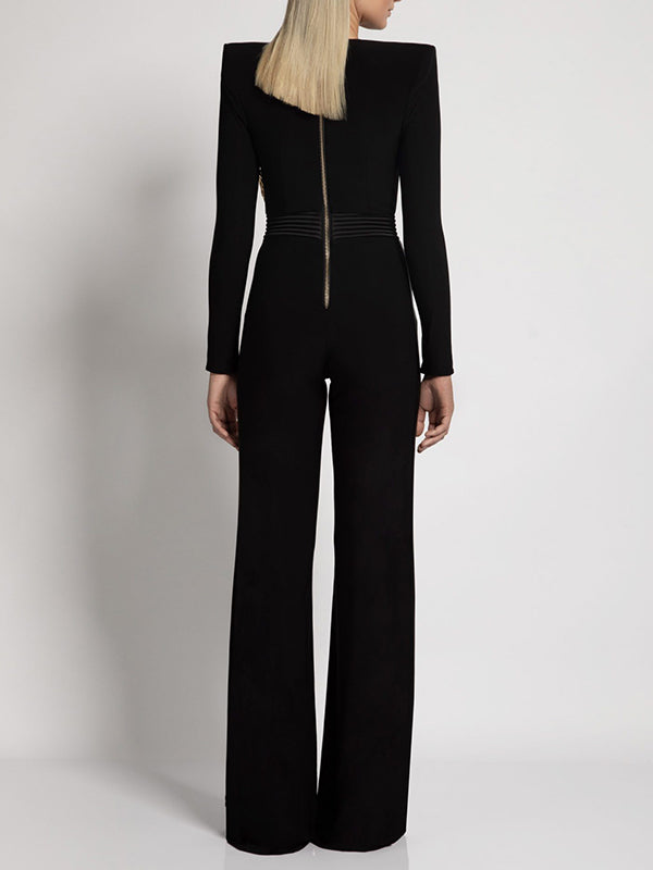 Stylish Deep V-Neck Long Sleeve Chains Empire Wide Leg Jumpsuits