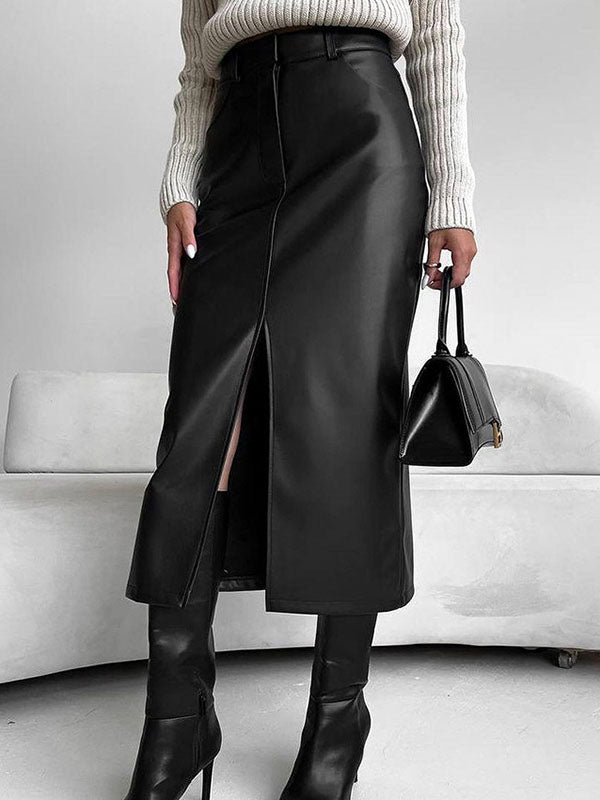 Pockets Solid Color Split-Front Zipper Skinny Wrap Skirts Bottoms