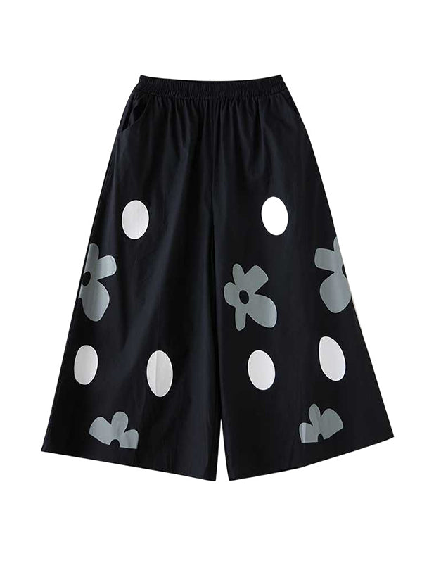 Elasticity Flower Print Pockets Loose Wide Leg Pants Culotte