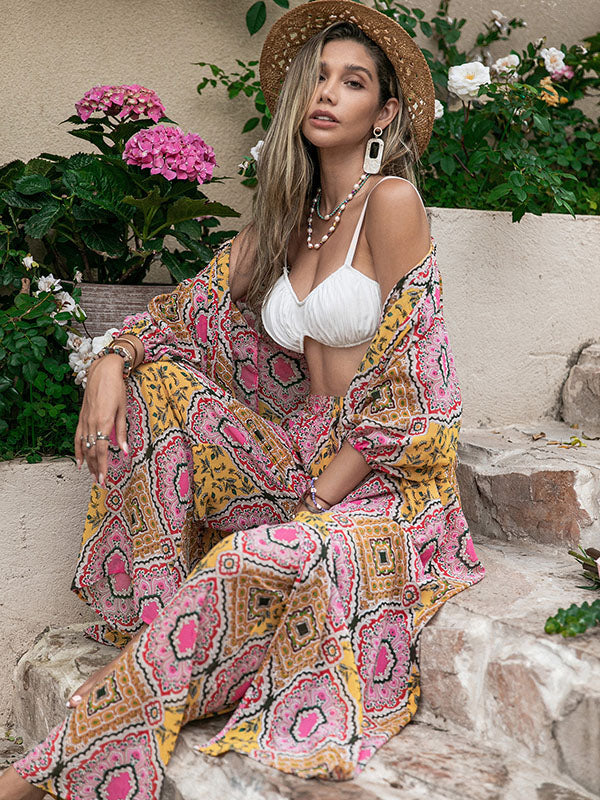 Vacation Loose Long Sleeves Floral Printed Two Pieces Set
