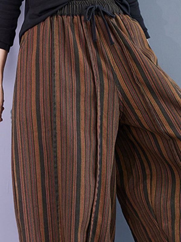 Drawstring Elasticity Split-Joint Striped Harem Pants High Waisted Trousers Pants