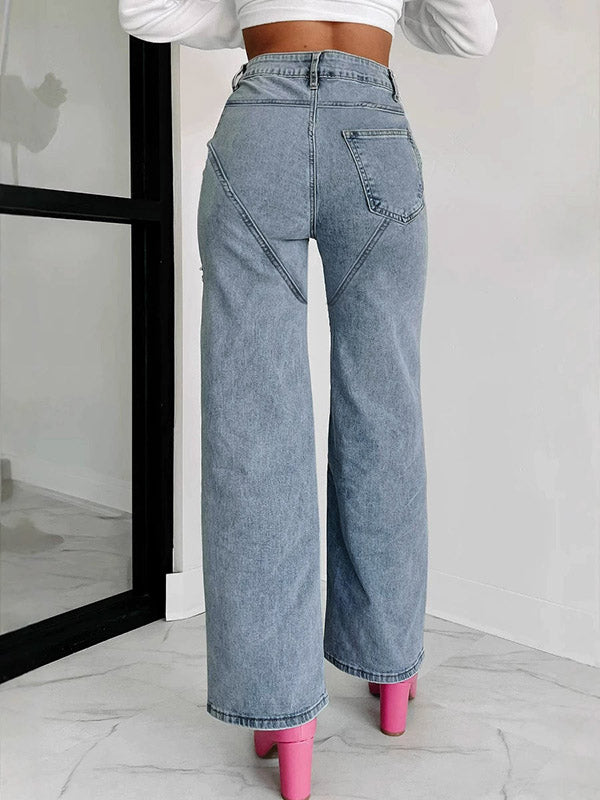 Ripped Split-Joint High Waisted Straight Leg Jean Pants Bottoms