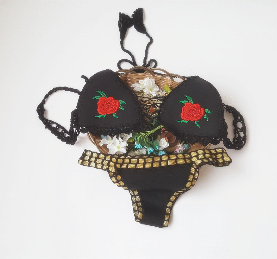 Women's Bikini Crochet Embroidery Rose Swimsuit