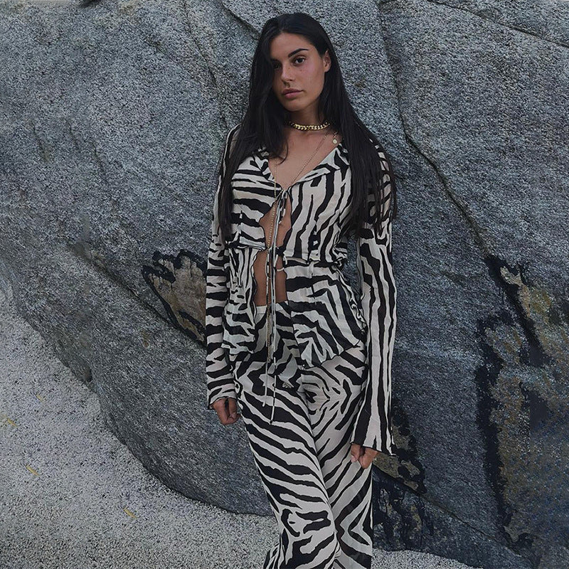 ZEBRA PRINT LONG SLEEVE TOP & TIE PANTS SET